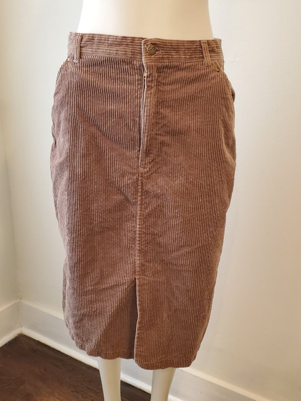 Vintage G Pellini Corduroy Midi Skirt Womens 13/14 Brown Tan Front Vent 90s
